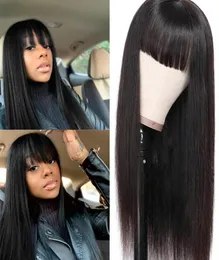 Black Women039s Long Straight Lace Front Wig Brazilian Virgin Heat Resistant Hair Wig With Neat Bangs Ingen limmaskin Made8450464