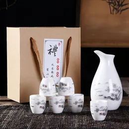 Japanese Sake Set 7 Pieces Sake Set Hand Painted Design Porcelain Pottery Traditional Ceramic Cups Crafts Wine Glasses Gift Box