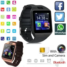 Смотрите DZ09 Bluetooth Smart Watch Men Men Business Call SmartWatch 2023 Новая женская мода с камерой Reloj Smart Watches DZ 09 PK Q18