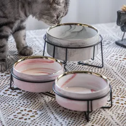 Ceramic Cat Bowl Double Marble Feeder For Dog Puppy With Raised Stand Non-Slip Feeding Food and Water Accessories Products #P021