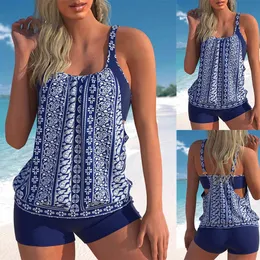 Sommer Womens Deep Blue Vintage Blume Print zweiteiliger Badeanzug Schnürung hohl sexy Strand S6XL 240410