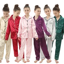 Дети шелк атласная пижама набор детская одежда для сна Пижама сплошной пижам костюм для мальчиков девочки Сон осенняя детская гостиная 240408
