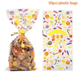 50st Clear Cellophane Packing Bag Halloween Party Decor Trick or Treat Bags Bat Witch Spider Printed Plastic Candy Presentväskor