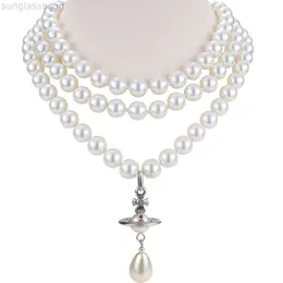 디자이너 Viviane Westwood Western Empress Dowagers Three Layer Pearl Necklace Womens Classic STERESCOPIC SATURN WATERS PEARL COLLAR Chain