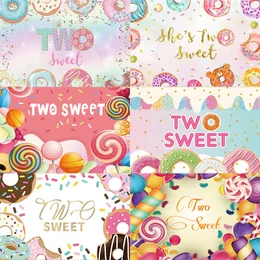 Zwei süße Hintergrundbonbon Shop Bar Donut Lollipop Girls Happy Birthday Party Boy Babyparty Fotografie Hintergrund Foto Banner