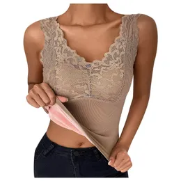 40# Women Lace Solid Underwear V Neck Winter Trim Padded Vest Thermal Underwear Plus Velvet Base Shirt Intimates Lingerie