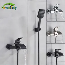 Hownifety Black Bathroom Shower Faucet Set Wall Mount Bathtub Tapware Cold Hot Bath Shower Mixer Systems ABS Plastic Handheld