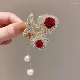 Hair Accessories Exquisite Heart Rhinestone Flocking Rose Flower Pearl Tassel Claw Korean Style Fashion Ponytail Clip Metal Headwear