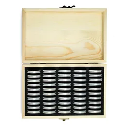 50pcs Münzhalter -Hülle mit hölzernen Aufbewahrungsbox Rundkapseln für den Gedenkdisplay -Organizer 240327