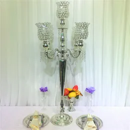 5pcs) 110cm yükseklik 5-kol metal altın/ gümüş şamdana ile kristal kolye ile düğün şeker tutucu olay merkez parçası Senyu1522