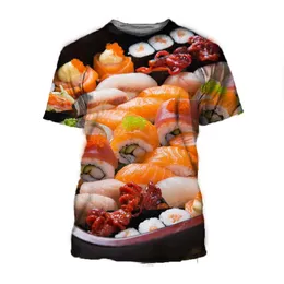 Nya 3D-tryckta t-shirt sushi fisk läckra matmönster män kvinnors barn andas ljus sommarsport toppar