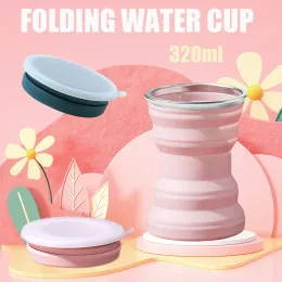 320 ml portátil de silicone portátil copo de água dobrável caneca dobrável telescópica resistente ao ar livre com tampa para camping de viagens