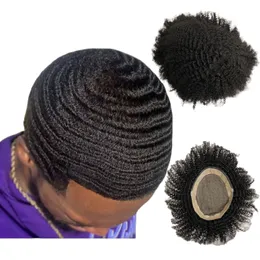 Sistemas de cabelos humanos virgens da Malásia #1 JET BLACA 6MM Wave 6x8 Mono Toupee para homens negros