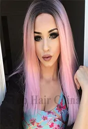 Top Hair China Fashion Ombre Pink Perücken Kylie Jenner 14inch Synthetische Perücken Glueless welliges schwarzes Wurzelpink Hitzebeständiges Haar Frauen W2358295