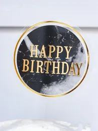 New INS Gold Black Marble Acrylic Cake Topper Round Shape Happy Birthday Cupcake Topper For Baby Shower Wedding Cake Decortion