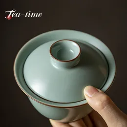 180 ml Boutique Ice Cracked Ru Kiln Ceramic Tea Tureen Handmade Azure Porcelain Sancai Cover Bowl Kung Fu Tea Set Gaiwan Presentlåda