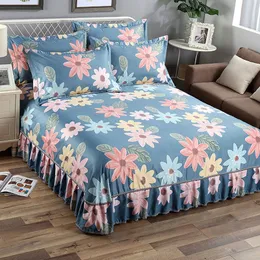 New 3pcs Set Thicken Printed Bed Skirt Soft Sanding Dust Proof Bed Skirt King Queen Size Bedspread with 2pcs Pillowcase