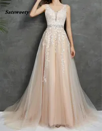 2021 Wedding Dresses V Neck Light Champagne Floor Length Applique Open Back A Line Backless Bridal Dress Vestido De Noiva Mariage4775701