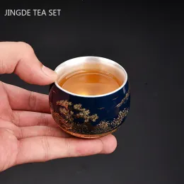 Blu e bianco dorato tè in argento tè fatti a mano in ceramica tazza da tè portatile a tazza singola ciotola per tè per fare dei lettori