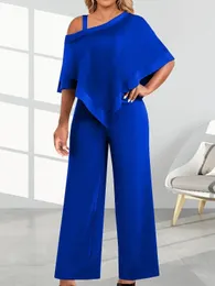 Plus Size Summer Fashion Solid Color Jumpsuit Womens Diagonal Neck Short Sleeve Wide Leg Pants Elegant 240410