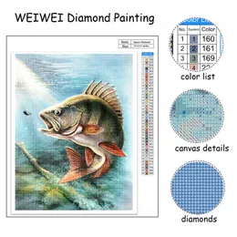 Weiwei DIY Diamond Painting Fish Full Square Diamond Diamond Cross Stitch Photo Ficture of Rhinestone Fishing Amploy Gift