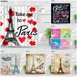 Creative Paris Tower Shower Crawtain Set Red Love Futterfly Flower Bath Gardiner Modern Polyester Tyg Badrumdekor med krokar