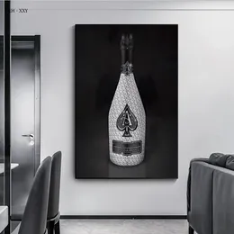Väggkonst canvas målning diamant ess champagne flaskan duk affischer och skriver in lyxiga väggmålning bilder matsal heminredning