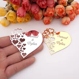 30 Stück personalisiert 6*6,5 cm Mirror Heart Stickers Hochzeitsdekorbevorkommen Acryl für benutzerdefinierte Liebhaber Namen Verlobungsfeier Gefälligkeiten