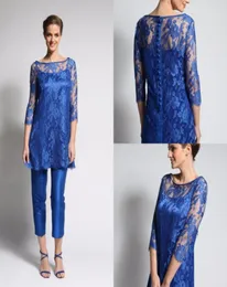 Royal Blue Mother Of The Bride Pant Suits Lace Long Sleeve Mother Gowns With Wrap Three Pieces Plus Size Wedding Guest Dress1549447