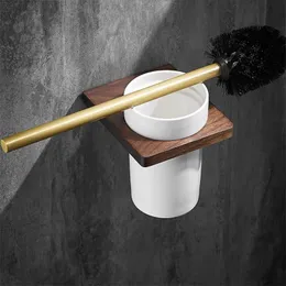 Porta spazzola per toilette in noce di alluminio/rastrellino con tazza di ceramica a parete a parete pulita per unghie pulita per utensili da bagno.