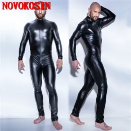 Plus Size S-5XL Sexig Men Catsuit Faux Leather Tway Long Zipper Crotch Bodysuit Night Club DS Jumpsuit Lingerie Costume