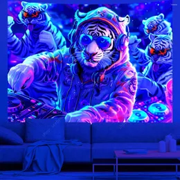 Tapestries Hippie Cartoon Anime UV Reactive Tapestry DJ Music Animal Wall for Kawaii Room Decor Eesthetic Home Party