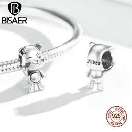 Bisaer 925 Sterling Silver Animal Charm Cute Cat Koala Bear Panda Fox Hedgehog Peacock Pendant for Women DIY Bracelets Biżuteria