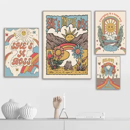 Boho Retro Cita Poster Stampa astratto sole e tela arte floreale dipinto di immagini murali nordici per la decorazione della camera da ragazza vivente