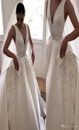 2020 Boho A Line Suknie ślubne V Szyja bez pleców Satynowa suknie ślubne Sweet Train Vestito Da Sposa Suknia ślubna Custom6916360