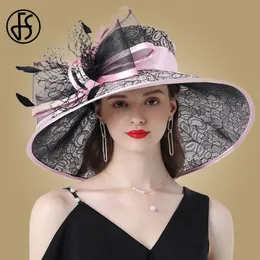 FS Pink Wide Brim Sat Hat для женщин Элегантная церковь Purpe Big Feather Fedora Ladies Wedding Teag 240410