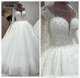 Luxury Beaded Ballgown Wedding Dresses Long Sleeves Scoop Neck Sequins Floor Length Tulle Custom Made Wedding Gown vestido de novi8020825