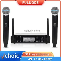 Mikrofoner Trådlös mikrofonhandhållen dubbelkanal UHF Fast frekvensdynamik för karaoke bröllopsfestband kyrka performanceq