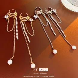 No Hole Zircon Mangxing Pearl Tassel Multi Layered C-shaped Ear Korean Fashion Long Earbone Clip Earrings