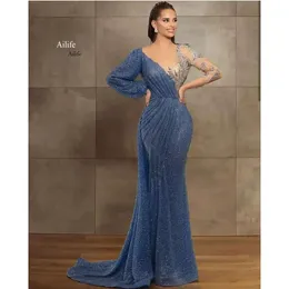 Glitzer Blue Mermaid Prom Kleider 2022 Sheer Juwel Neck Perlen Pailletten Langarm Abendkleid Sweep Zug maßgeschneiderte Illusion Roben de 2024