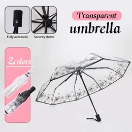 ポータブルクリアオートマチック傘の女性小さな新鮮な長いハンドル透明パラソル3倍の雨の傘