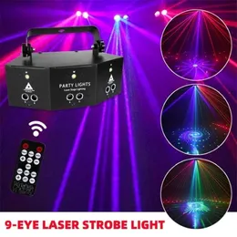 9-Eye RGB DISCO DJ LAMP DMX Fjärrkontroll Strobe Stage Light Halloween Christmas Bar Party Led Laser Projector Home Decor Y201015231U