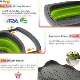 Kitchen Colander Fruit Vegetable Washing Basket Foldable Strainer Collapsible Drainer Over The Sink Adjustable Silicone Tools