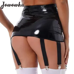 Skirts Womens Sexy Glossy Skirt Wet Look Patent Leather Garter Belt Pencil Miniskirt With Buckle Clips Party Nightwear Clubwear