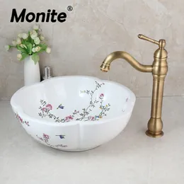 Monite Art Ceramic Basin Spring Blossoms Design Washbasin Bathroom Sink Set Antique Brass Water Mixer Tap Faucet W/ Pop Up Drain