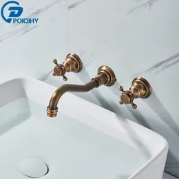 POIQIHY Antique Brass Bathtub Mixer Taps 3 pcs Basin Faucet Dual Handles Hot and Cold Tap Wall Mounted Basin Faucet