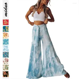 Kvinnor Pants Women Long Wide Leg Palazzo Summer Loose Casual Beach Boho Floral Print Bohemian Belt Harem Yoga Lounge