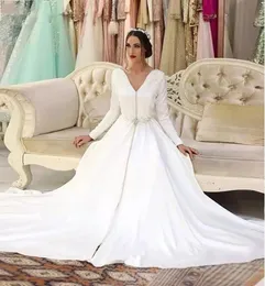 White Marockan Caftan Muslim Wedding Dresses 2021 Robe de Mariee Lace Satin eleganta brudklänningar Långa ärmar Aline Bridal Marria1338043