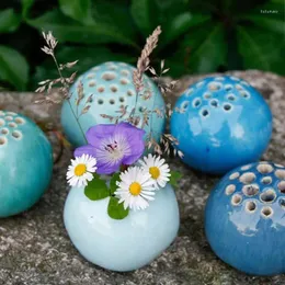 Vases 1Pcs Resin Handmade Vase Flower Stone Perforated Table Decoration Ceramic Round With Holes Ornaments Pretty Crafts