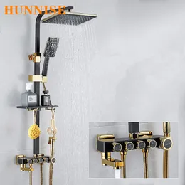 Thermostatic Bath Mixer Faucet Knob Switch Wall-mounted Luxury Black Gold Rain Shower Sets Copper Bathroom Shower Faucet Sets